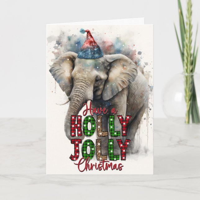 Carte de Noël de l'éléphant du Père Noël joyeux et (Devant)