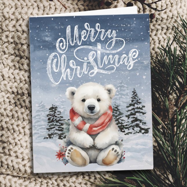 Carte de Noël de l'ours polaire rouge adorable (Adorable Red Scarf Polar Bear Christmas Card)