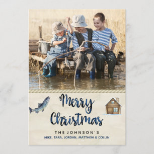 Carte de Noël de pêche au lac de cabane