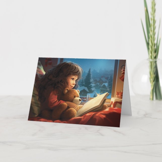 Carte de Noël de petite fille et ours en peluche (Devant)