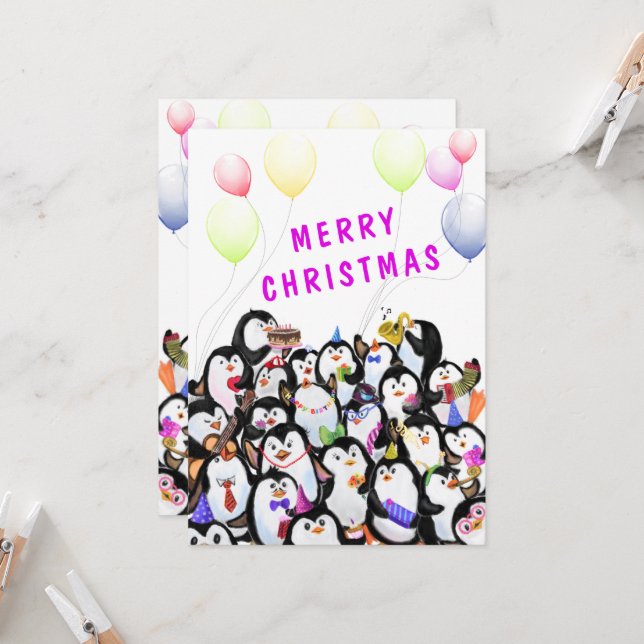Carte de Noël de pingouin Bonne fête des pingouins (Devant/Arrière en situation)