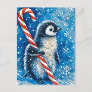 Carte de Noël de pingouin mignon avec un bâton de