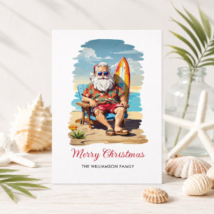 Carte de Noël de plage de Santa surfeur