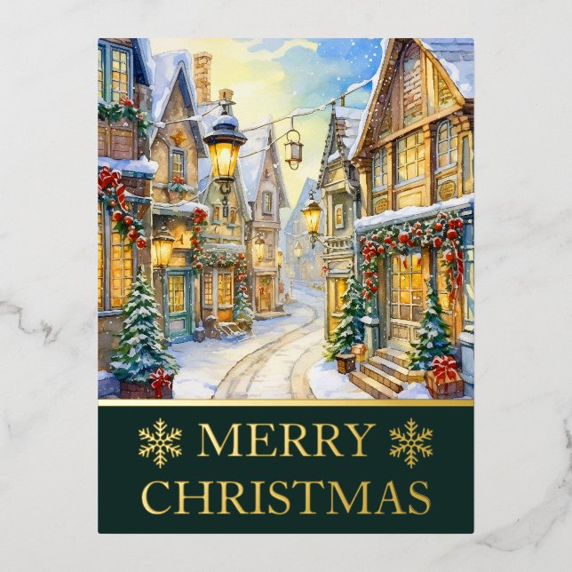 Carte de Noël de scène de rue hivernale à l'aquare (Recto)