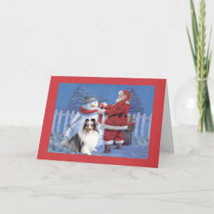 Carte de Noël de Sheltie Père Noël et bonhomme de
