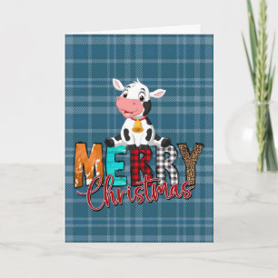 Carte de Noël de vache de Noël à carreaux bleus