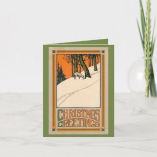 Carte de Noël déco avec cerfs, neige et arbres