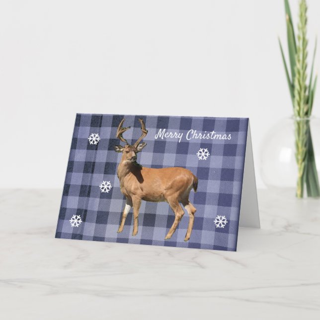 Carte de Noël des cerfs de bison Plaid Blue Woodla (Devant)