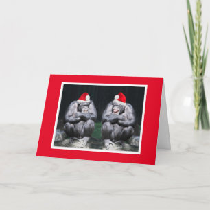 CARTE DE NOËL DEUX CHIMPANZÉS AVEC CHAPEAUX DE PÈR