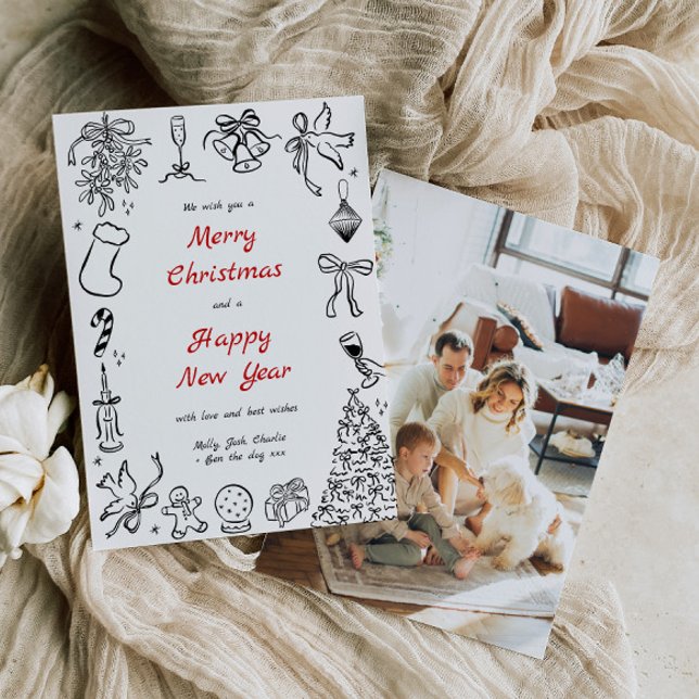 Carte de Noël Doodle Photo Main Drag Holiday Red (Créateur téléchargé)