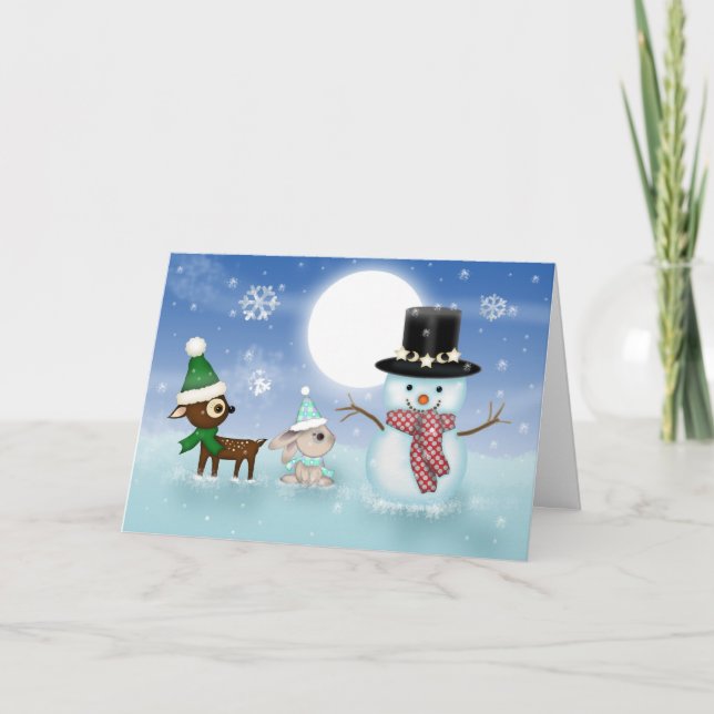 Carte de Noël du mignon lapin Snowman et du renne (Devant)
