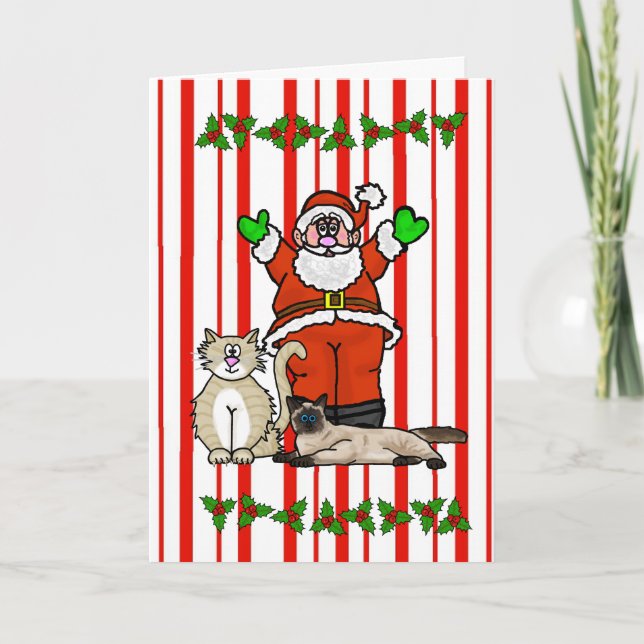 Carte de Noël du Père Noël et des chats (Devant)