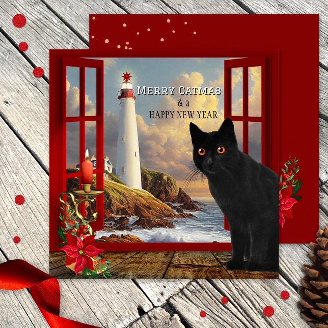 Carte de Noël du phare de chat mignon (Cute black cat Christmas and New Year card with a room with a view of  a lighthouse and ocean)