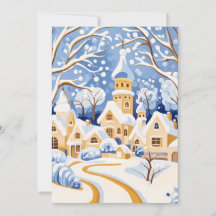 Carte de Noël du village enneigé au crépuscule