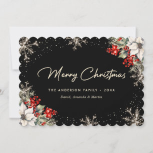 Carte de Noël élégante à motif botanique noir en f