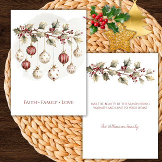 Carte de Noël Élégante Branche de Houx et Ornement