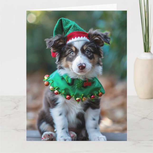 Carte de Noël Elf Puppy Shepherd'Australie (Devant)