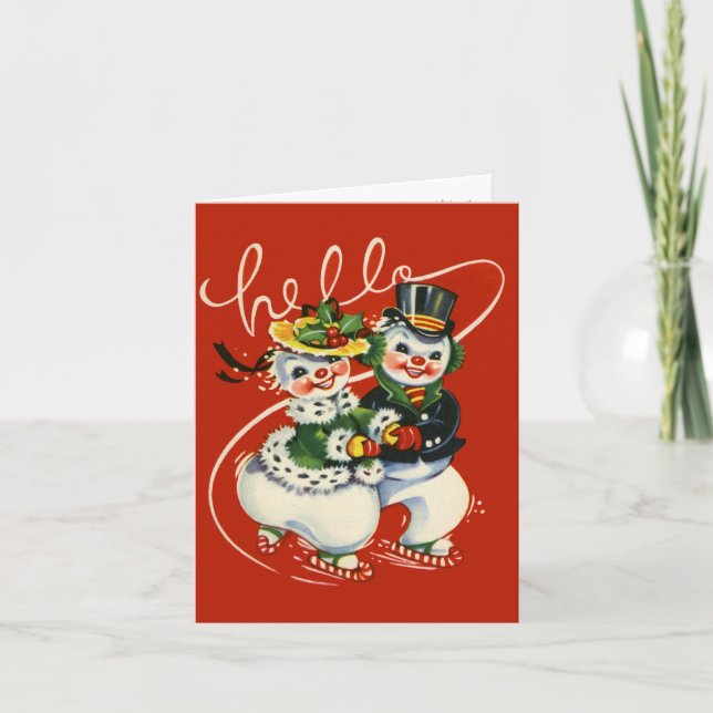 Carte de Noël en couple de motoneige de style rétr (Devant)