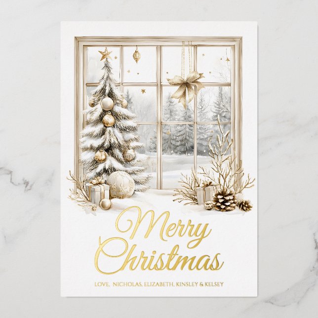 Carte de Noël en feuille d'aluminium dorée pour fe (Recto)