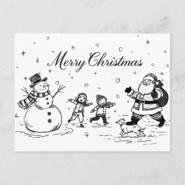 Carte de Noël en noir et blanc – Bonhomme de neige (Devant)