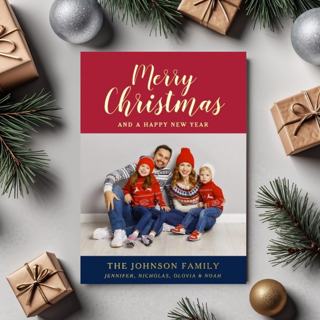 Carte de Noël en or à motif photo d'écriture moder (Modern Script Photo Christmas Gold Foil Holiday Card)