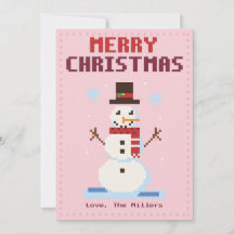 Carte de Noël en pixel art rose bonhomme de neige