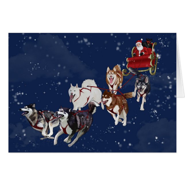 Carte de Noël enrouée tirant Sleigh de Père Noël (Devant horizontal)