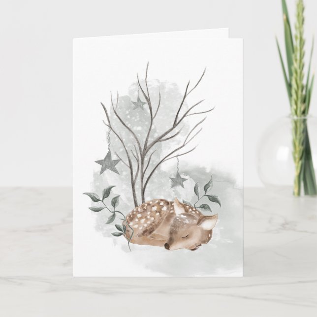 Carte de Noël et du Nouvel An au faon à l'aquarell (Devant)