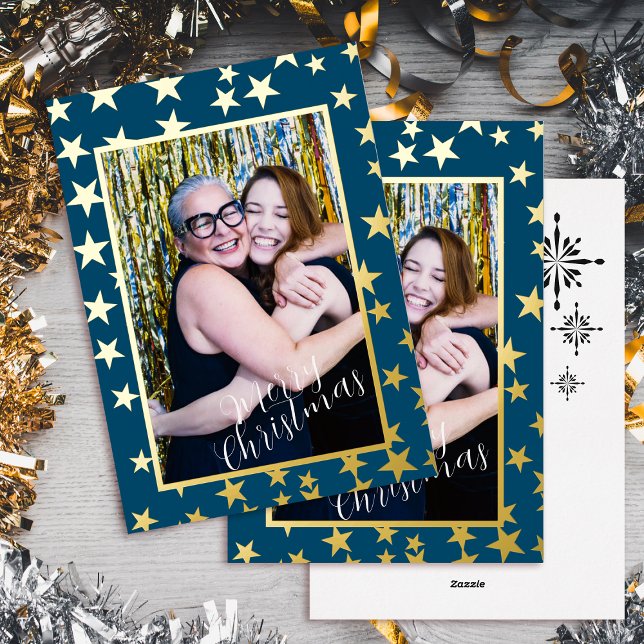 Carte de Noël étoilée avec photo et feuille d'alum (Starry Christmas Photo Dark Teal Foil Holiday Card)