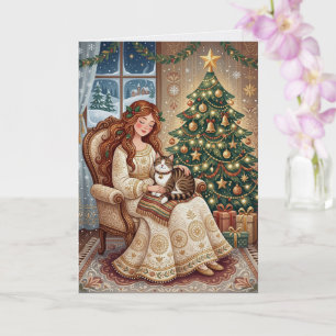 Carte de Noël Fantaisiste avec Chat et Dame d'Hive