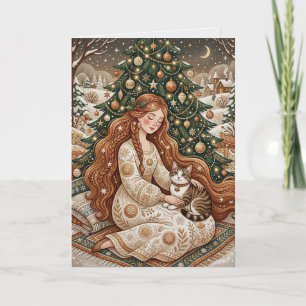 Carte de Noël Fantaisiste Chat et Dame d'Hiver