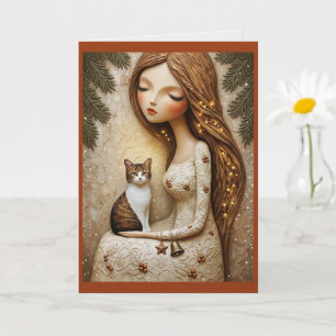 Carte de Noël Fantaisiste Chat et Fée de l'Hiver