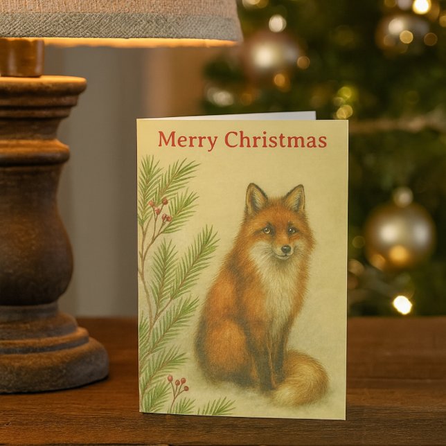Carte de Noël Faune Renard Rouge Fêtes (“Rustic fox Christmas card with vintage woodland charm”)