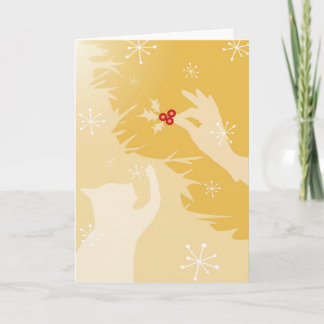 Carte de Noël/fêtes avec chat blanc et houx, en or