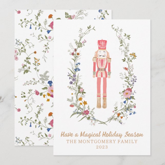 Carte de Noël Fleur de Ballet Casse-Noisette Rose (Devant / Derrière)