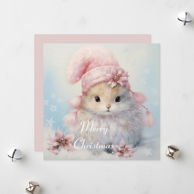 Carte de Noël Fluffy Bunny adorable (Devant/Arrière en situation)