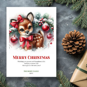Carte de Noël forêt enneigée aquarelle douce faon
