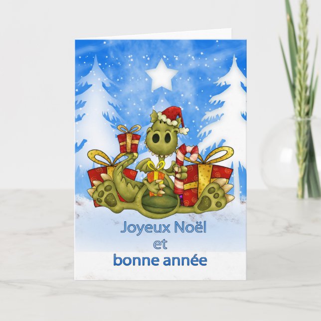 Carte de Noël française - dragon mignon - Joyeux (Devant)