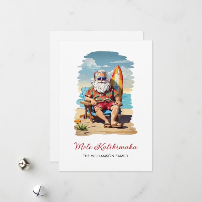 Carte de Noël Fun Mele Kalikimaka Père Noël Surboa (Devant/Arrière en situation)