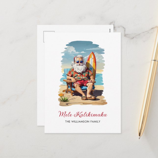 Carte de Noël Fun Mele Kalikimaka Père Noël Surboa (Devant/Arrière en situation)