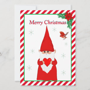 Carte de Noël Gnome de Noël et oiseau rouge mignon