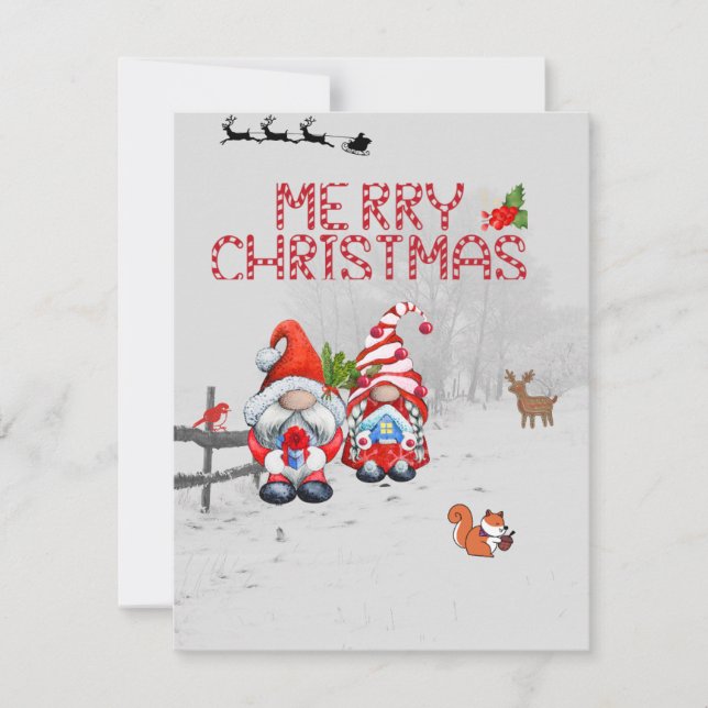 Carte de Noël Gnomes avec cerf, oiseaux, écureuil (Devant)