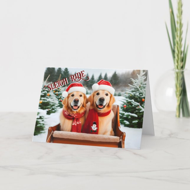 Carte de Noël Golden Retrivers Sleigh Ride (Devant)