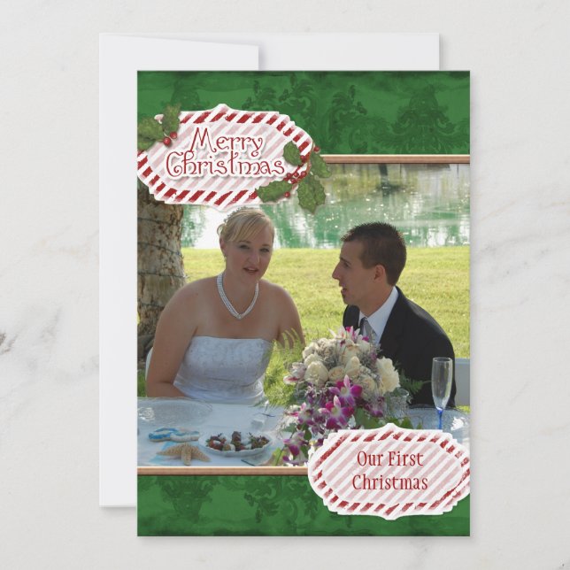 Carte de Noël Green Damask n Holly Photo (Devant)