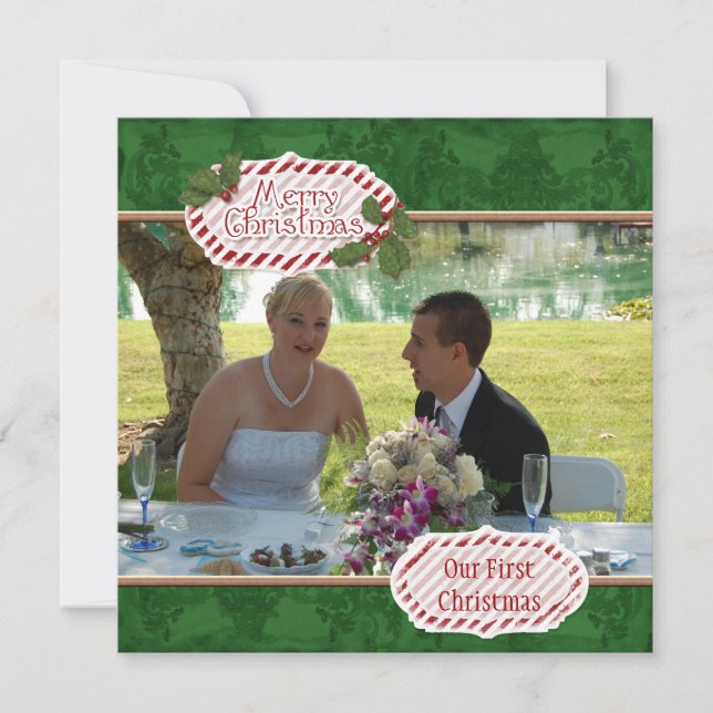 Carte de Noël Green Damask n Holly Photo (Devant)