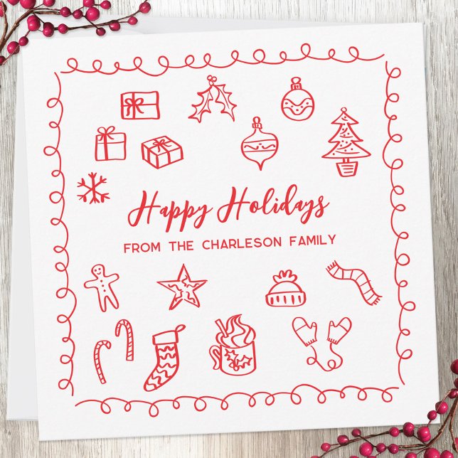 Carte de Noël gribouillée rouge et blanche (Fun scribble doodle personalized Christmas holiday card)