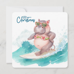 Carte de Noël Hippo Surfant en Bikini