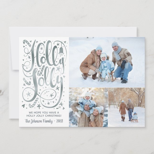 Carte de Noël Holly Jolly Photo Faux Silver Foil (Devant)
