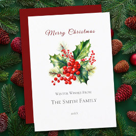 Carte de Noël Holly Red & Green Watercolor