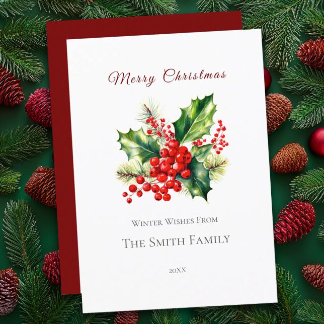 Carte de Noël Holly Red & Green Watercolor (Créateur téléchargé)